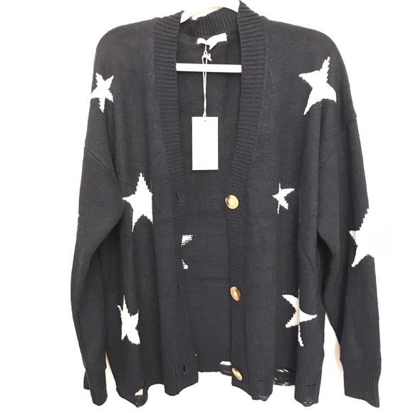 Oversized Navy Blue Cardigan with Stars - Picture 2 of 5